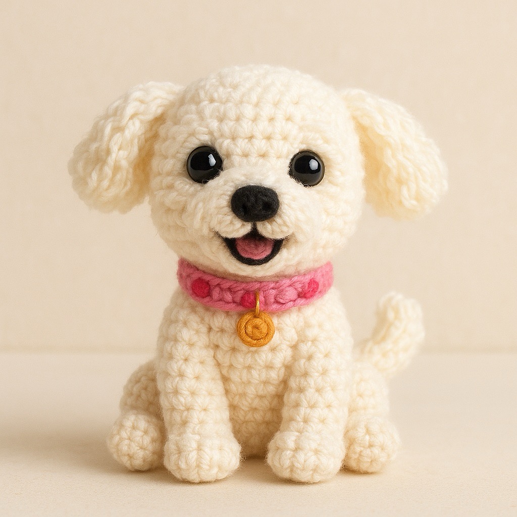 Dog transformed into knitted figure